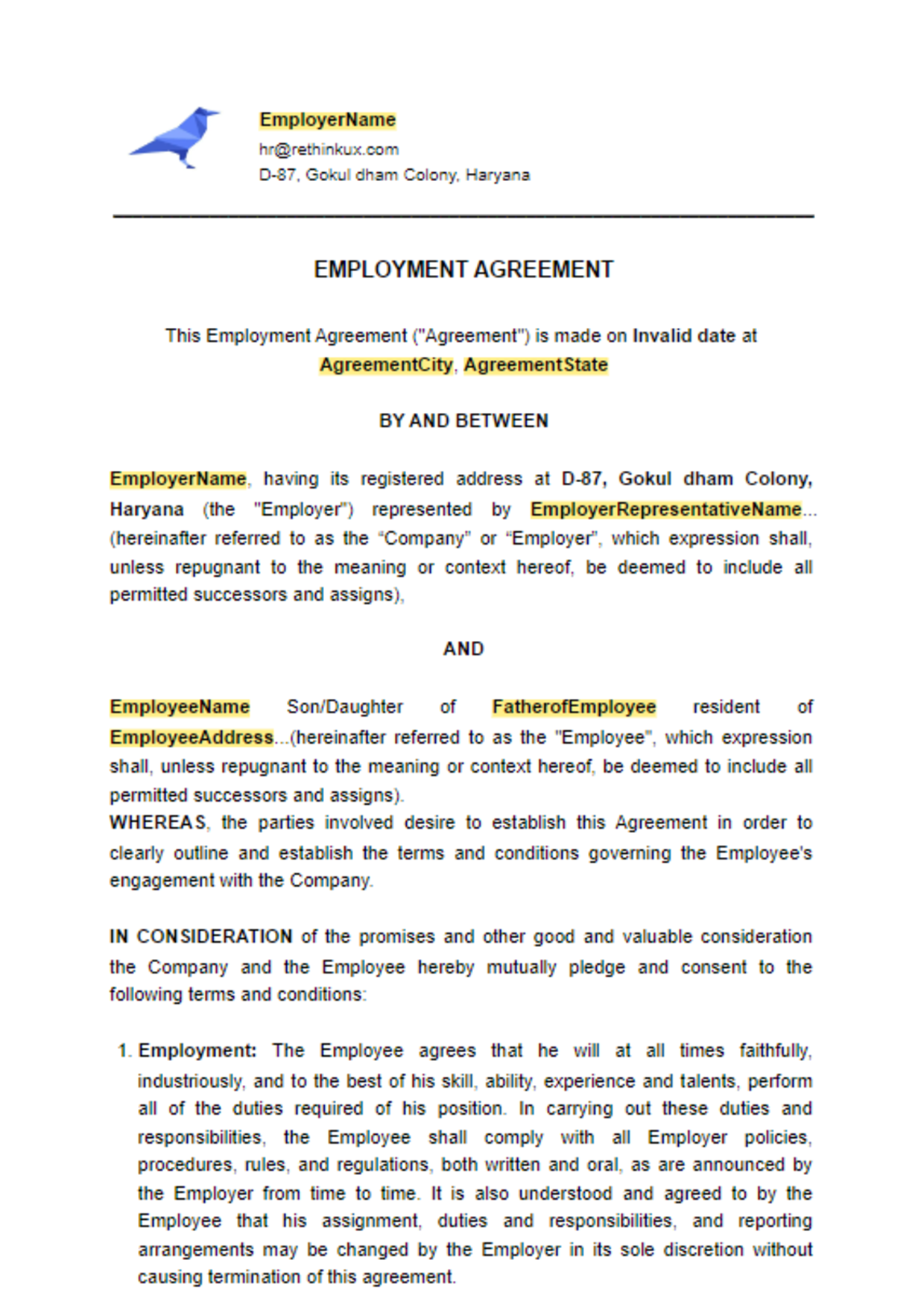 Employment Agreement Template | Download PDF | eSahayak